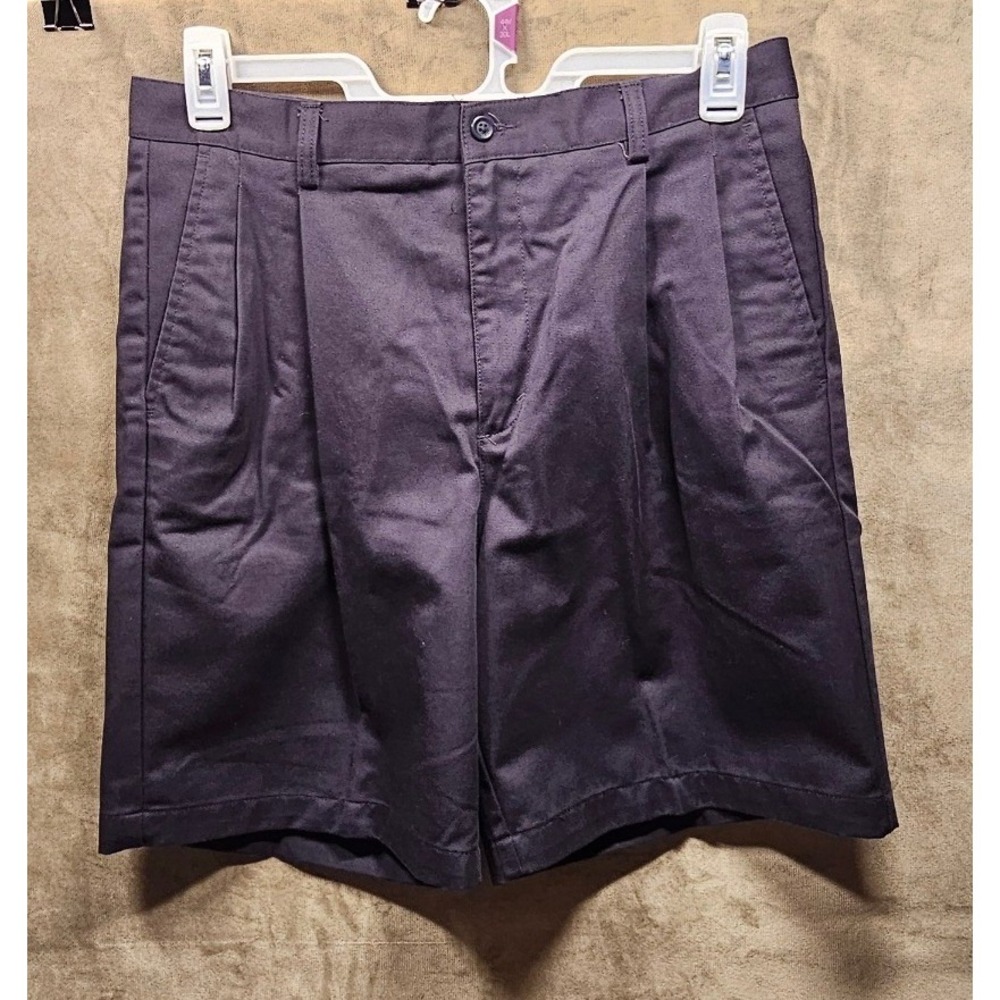 Vintage Eddie Bauer Mens 34 Pleated Chino Shorts Navy Blue Cotton Twill Casual